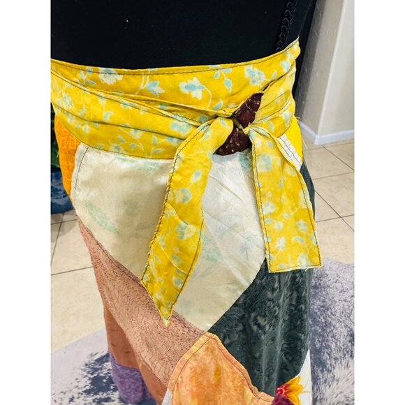 Vintage Boho Cottagecore Patchwork 100% Silk Wrap Skirt By Greater Good Retro - Picture 5 of 7